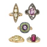 A group of five gem rings, comprising: an Edwardian, rose-cut diamond navette cluster ring; a