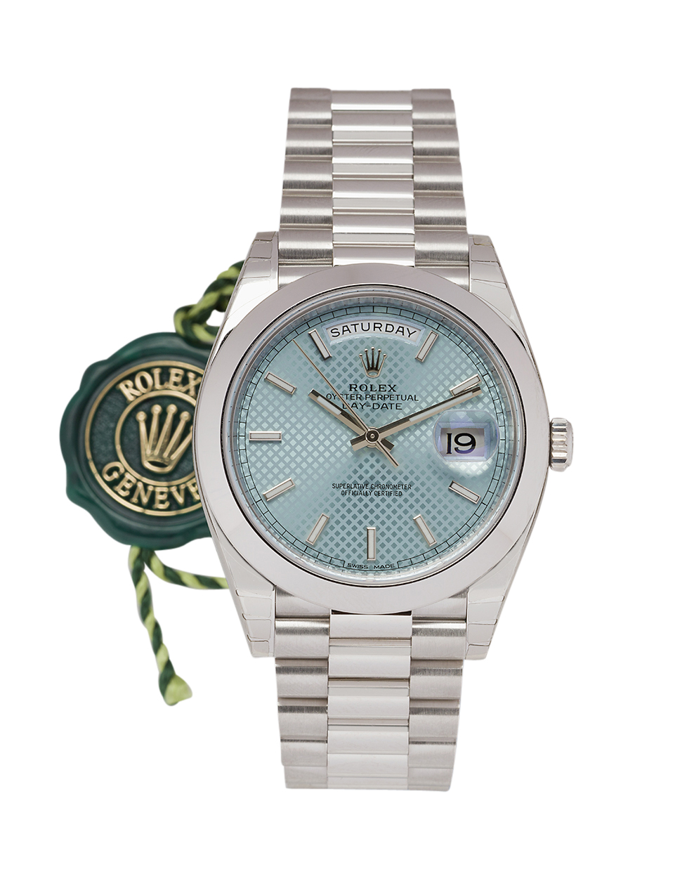 A Platinum 'Ice Blue Diagonal Motif' Day-Date 40 automatic wristwatch, by Rolex Ref. 228206, the ice