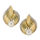 A pair of Italian, cultured pearl and diamond earrings, of fluted stylised crossover leaf design