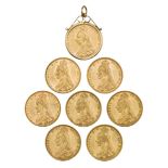 Eight Victoria Jubilee Head sovereigns, comprising: 1887 Jubilee, Melbourne Mint, pendant mounted;