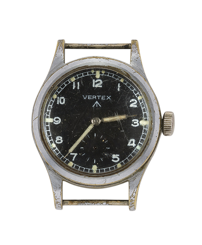 A WWII period nickel-plated brass, British military issue 'Dirty Dozen' wristwatch, by Vertex, the