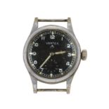 A WWII period nickel-plated brass, British military issue 'Dirty Dozen' wristwatch, by Vertex, the