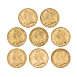 Eight Victoria Old Head sovereigns, comprising: 1893, Melbourne Mint x 2; 1894, Melbourne Mint;