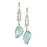 A pair of carved aquamarine and diamond drop earrings, each with claw-set carved aquamarine, leaf