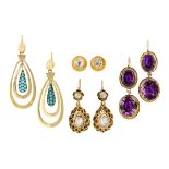 Four pairs of 19th century diamond and gem earrings, comprising: a pair of rose-cut diamond