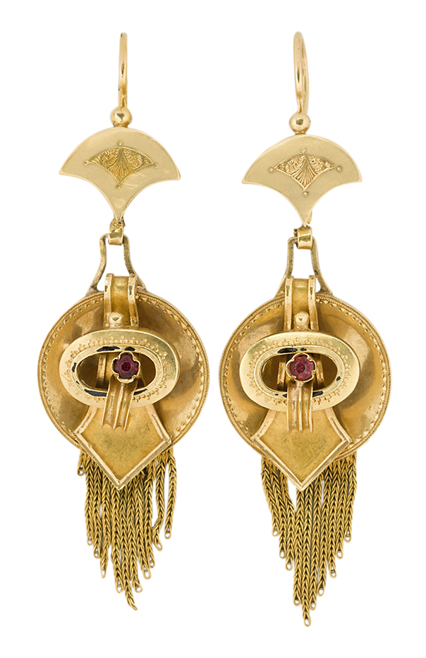 A pair of Victorian gold, garnet fringe drop earrings, each with circular disc and buckle design