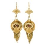 A pair of Victorian gold, garnet fringe drop earrings, each with circular disc and buckle design