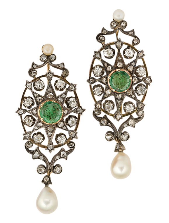 A pair of 19th century emerald and diamond earrings, each with central circular-cut emerald within