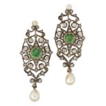 A pair of 19th century emerald and diamond earrings, each with central circular-cut emerald within