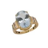 An 18ct gold, aquamarine and diamond ring, the single claw-set oval mixed-cut aquamarine with