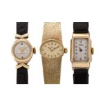 Three lady's wristwatches, comprising a 9ct gold bracelet watch, by Omega, the champagne dial with