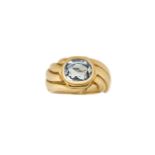 A French, gold, sapphire single stone ring, the single collet-set oval-cut sapphire in candy twist