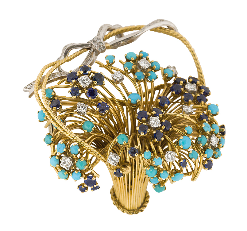 A French, diamond and sapphire basket of flowers clip brooch, the wirework basket set with a spray