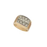 A diamond cluster panel ring, the tonneau-shape rectangular-bezel claw-set with 13 circular-cut