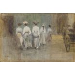 Attributed to James Stevens Hill RI ROI, British 1854-1921- Group of women in a street;