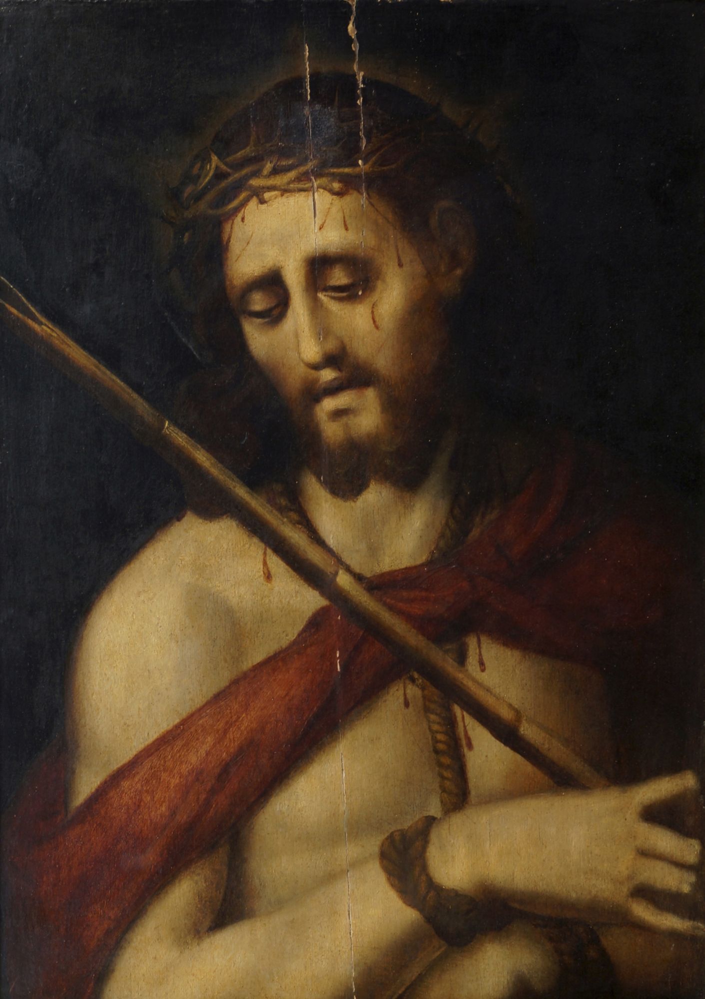 Spanish School, 17th Century- Portrait of Christ with the Crown of Thorns; oil on panel, 62x46.