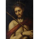 Spanish School, 17th Century- Portrait of Christ with the Crown of Thorns; oil on panel, 62x46.