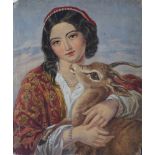 European Provincial School, mid 19th century- Girl in traditional dress, half-length, with antelope;