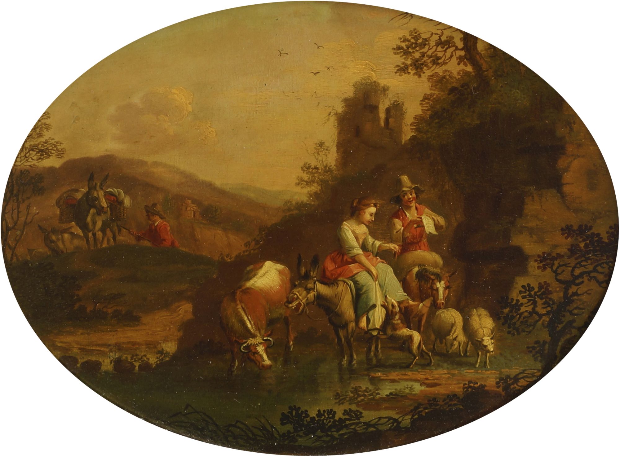 Manner of Nicolaes Pieterszoon Berchem, 18th Century- Peasants with cattle and sheep resting in a