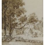 William Havell OWS, British 1782-1857- Sheep resting below trees by a cottage; pen and brown ink and