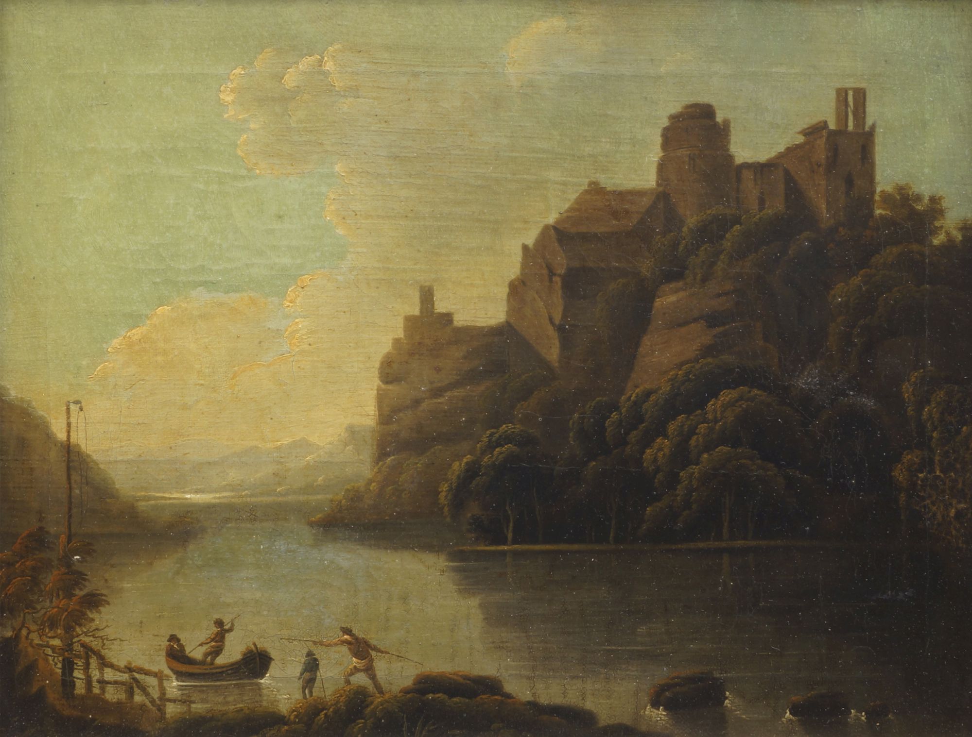 German School, late 18th century- Fisherman by a river shore across from a castle; oil on canvas,