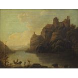 German School, late 18th century- Fisherman by a river shore across from a castle; oil on canvas,