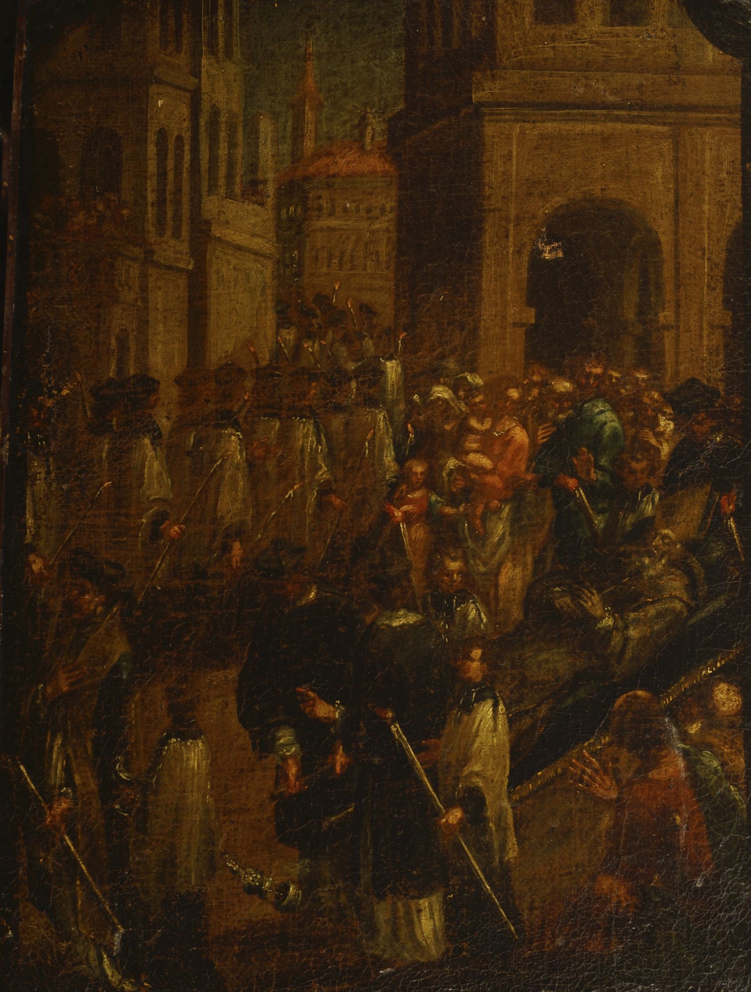 Follower of Bernardo Strozzi, Italian 1581-1644- The funeral procession of a bishop; oil on