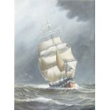 British School, late 19th/early 20th century- Frigate in full sail on rough seas; oil on board,