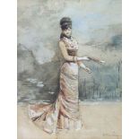 Henry Somm, French 1844-1907- Belle Époque portrait of a lady, standing full length holding a fan;