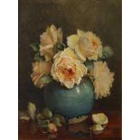 Maude Angell, British act.1888-1924- Still life of roses in a vase, 1895; watercolour, signed and
