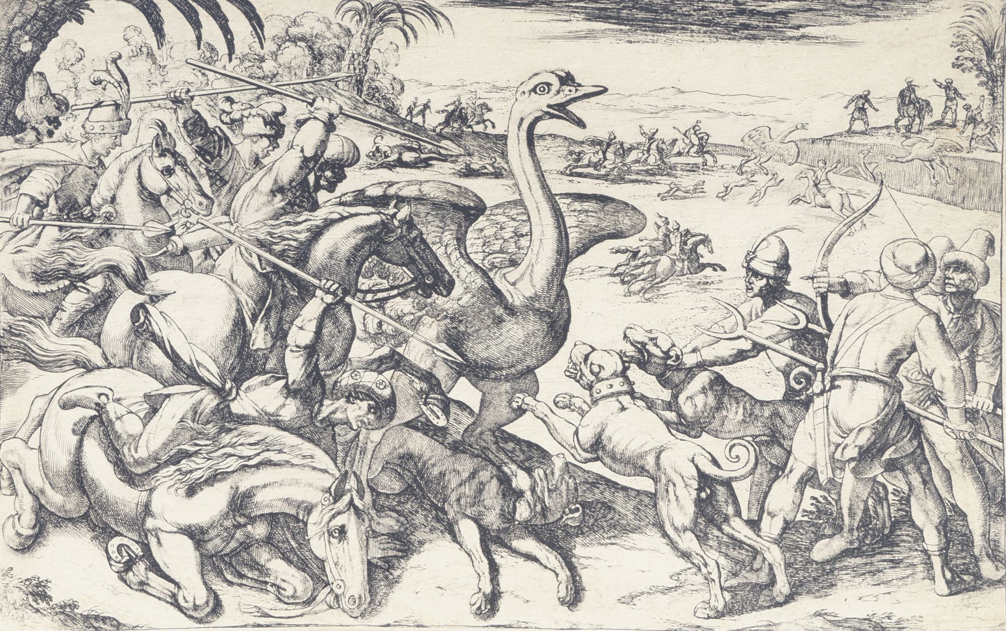 Antonio Tempesta, Italian 1555-1630- Ostrich Hunt, from Hunting Scenes V, c.1600-1620; etching,