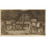 After John Webber RA, British 1752-1793- The Inside of a House in Oonalashka; copper engraving on