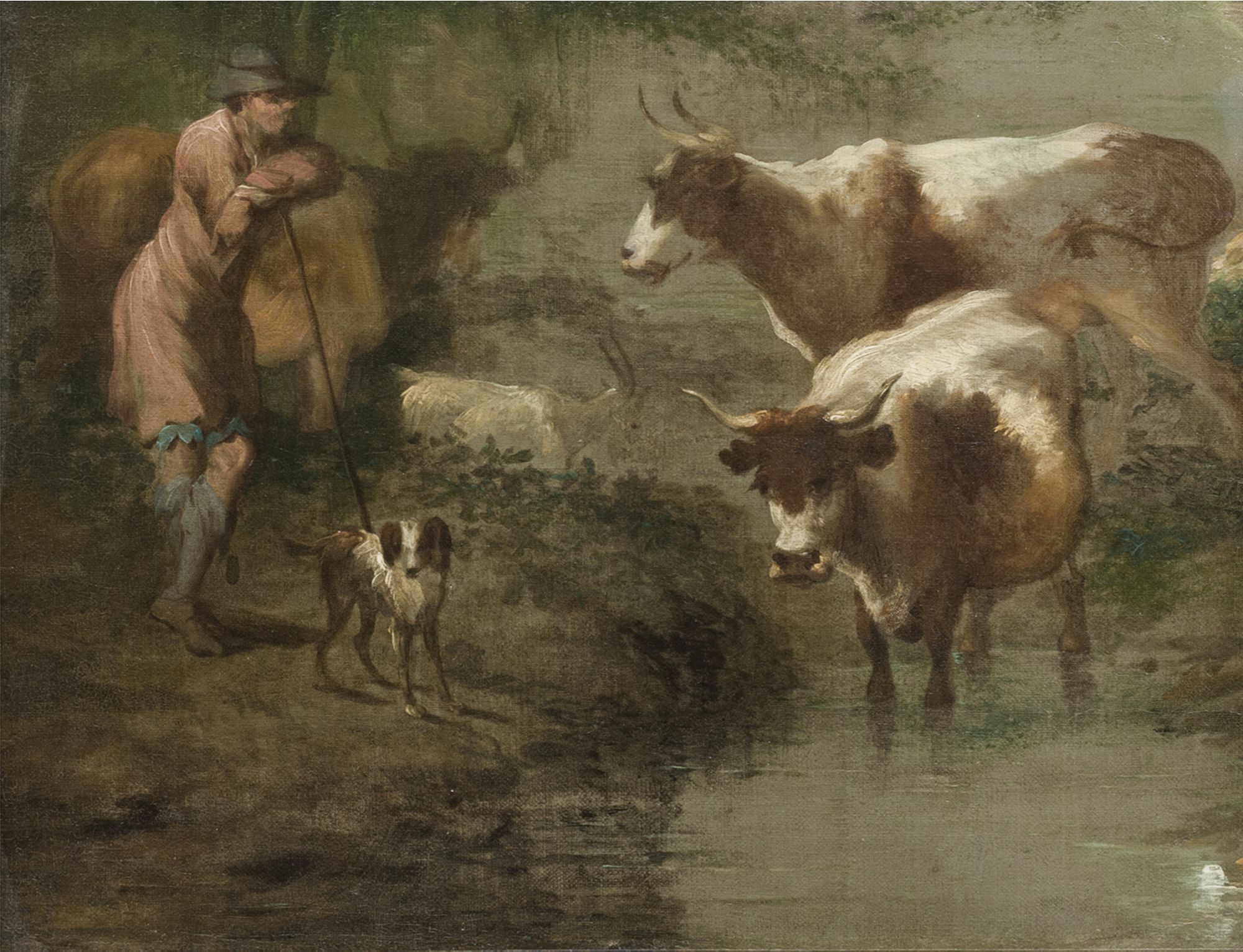 Attributed to Benjamin Barker of Bath, British 1776-1838- Drover with cattle watering on the banks