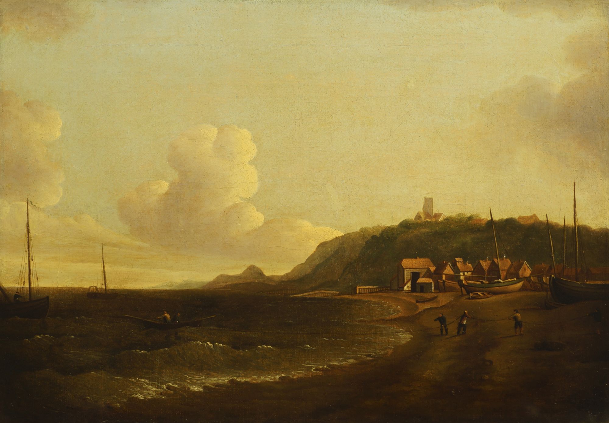 Follower of John Sell Cotman, British 1782-1842- Fisherfolk pulling a boat into shore; oil on