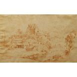 French School, mid 18th century- Fortified village on a hill; red crayon on laid paper, 27.5x43.