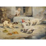 H Doggman, European School, mid/late 19th century- Dogs playing by a doorstep with a young child