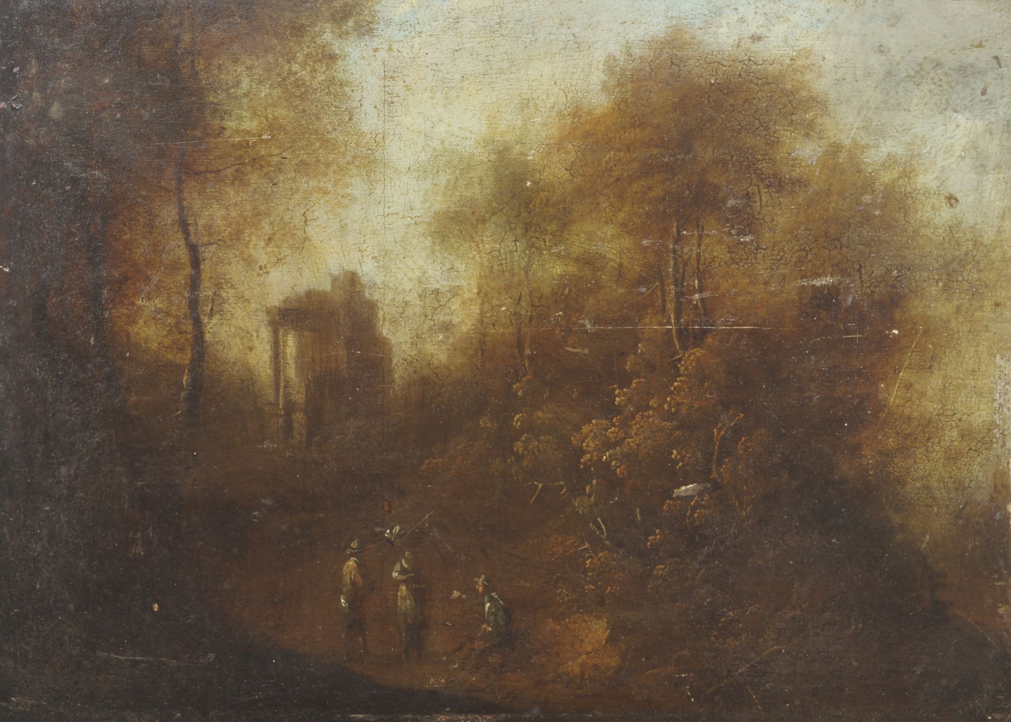 French School, late 18th century- Figures in a woodland glade with a ruin; oil on panel, 20.8x25.3cm