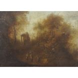 French School, late 18th century- Figures in a woodland glade with a ruin; oil on panel, 20.8x25.3cm