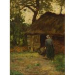 John Patrick Downie RSW, Scottish 1871-1945- Elderly woman by a barn; oil on board, signed and