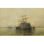 J Munard, Belgian School, early 20th century- Shipping harbour scene; oil on canvas, signed