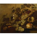 Follower of Simon Pieter Verelst, Flemish 1644-1741- Still life with grapes, walnuts, a bun on a