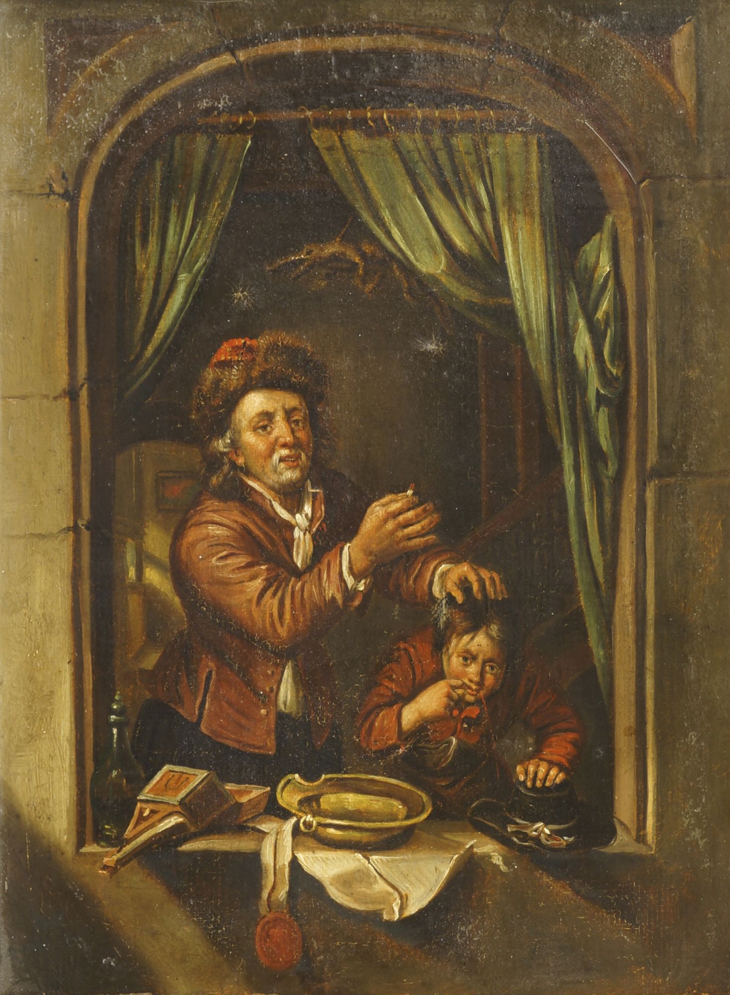 Manner of Gerrit Dou, mid/late 19th century- Dentist and his patient seen in a window; oil on