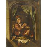 Manner of Gerrit Dou, mid/late 19th century- Dentist and his patient seen in a window; oil on