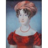 British School, early/mid 19th century- A portrait miniature of a lady, quarter-length in a red