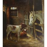 Wright Barker RBA, British 1864-1941- Horse and calves in a stable; oil on canvas, signed, 61x55cmIn