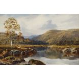 William Henry Mander, British 1850-1922- Figures by a river in a mountainous landscape; oil on