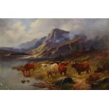 Charles W Oswald, British late 19th/early 20th century- Highland cattle on the shores of a loch; oil