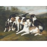 Follower of George Stubbs ARA, British 1724-1806- Fox hounds; oil on panel, signed with initials SR,