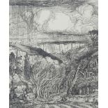 James J Guthrie, Scottish 1874-1952- Pickers in a blustery woodland landscape; etching on laid