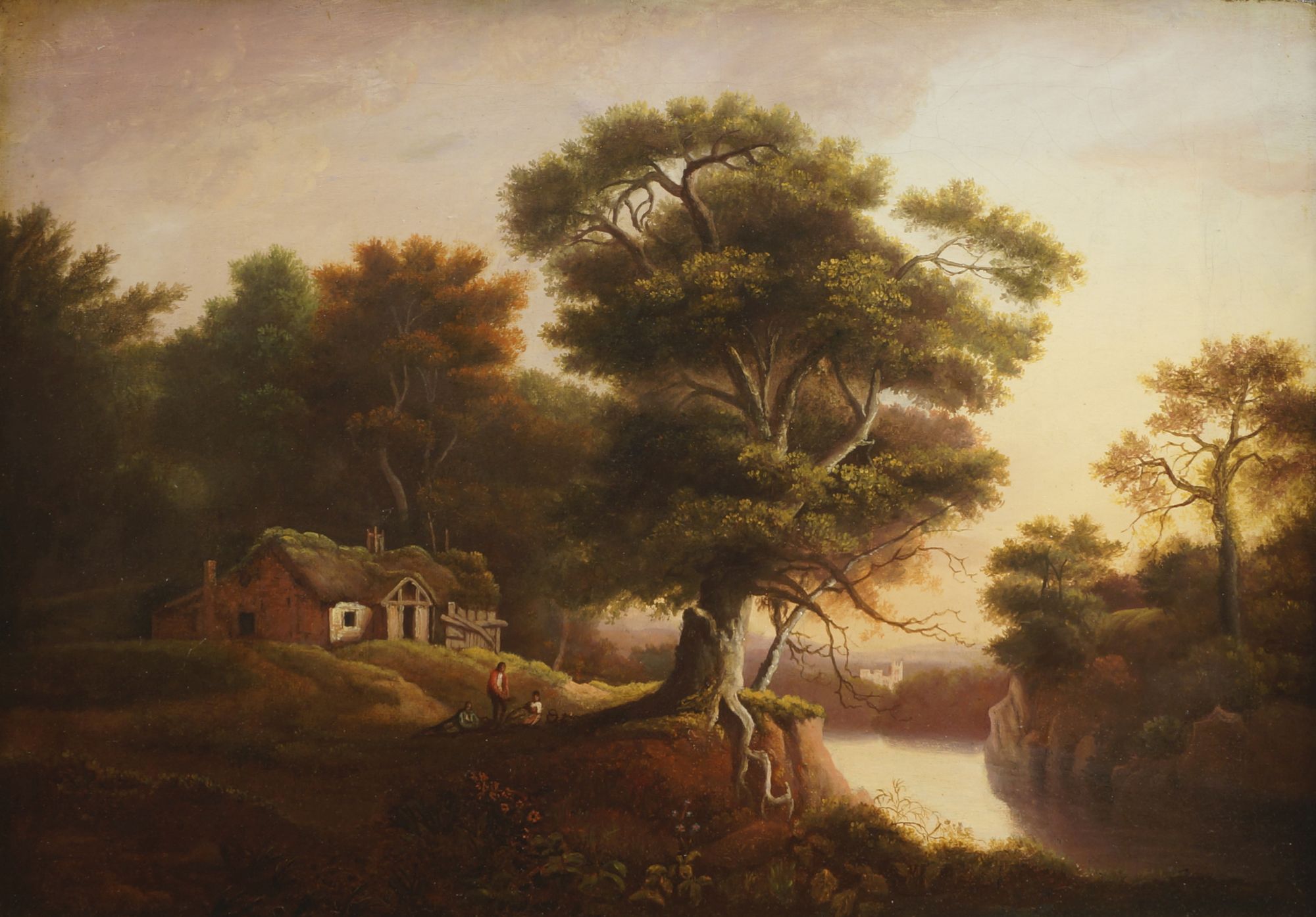 Follower of Patrick Nasmyth, Scottish 1787-1831- Landscape with cottage and peasants, a castle in